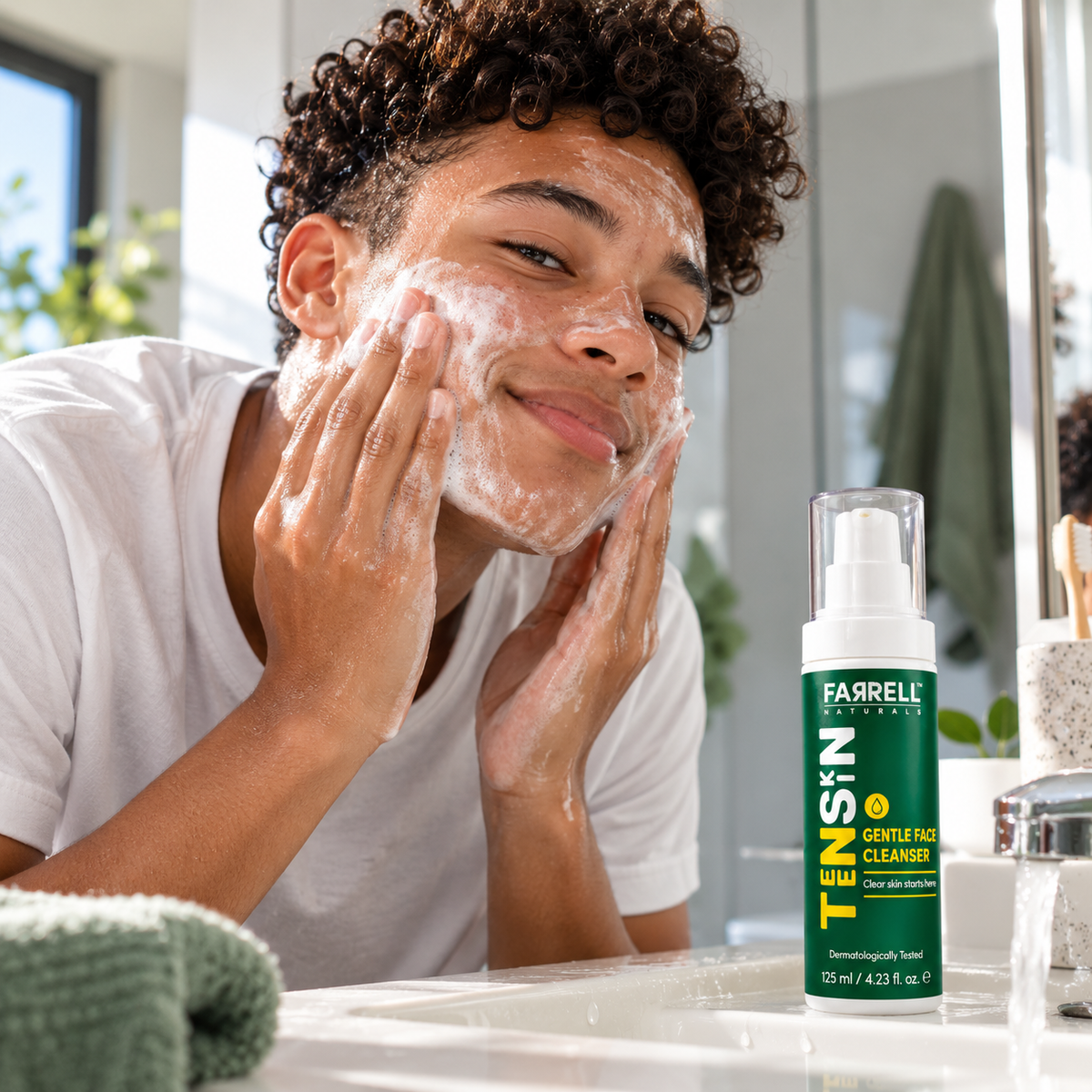Teenage boy gently washing his face with cleanser in a bright bathroom, with Farrell Naturals Gentle Face Cleanser beside him.