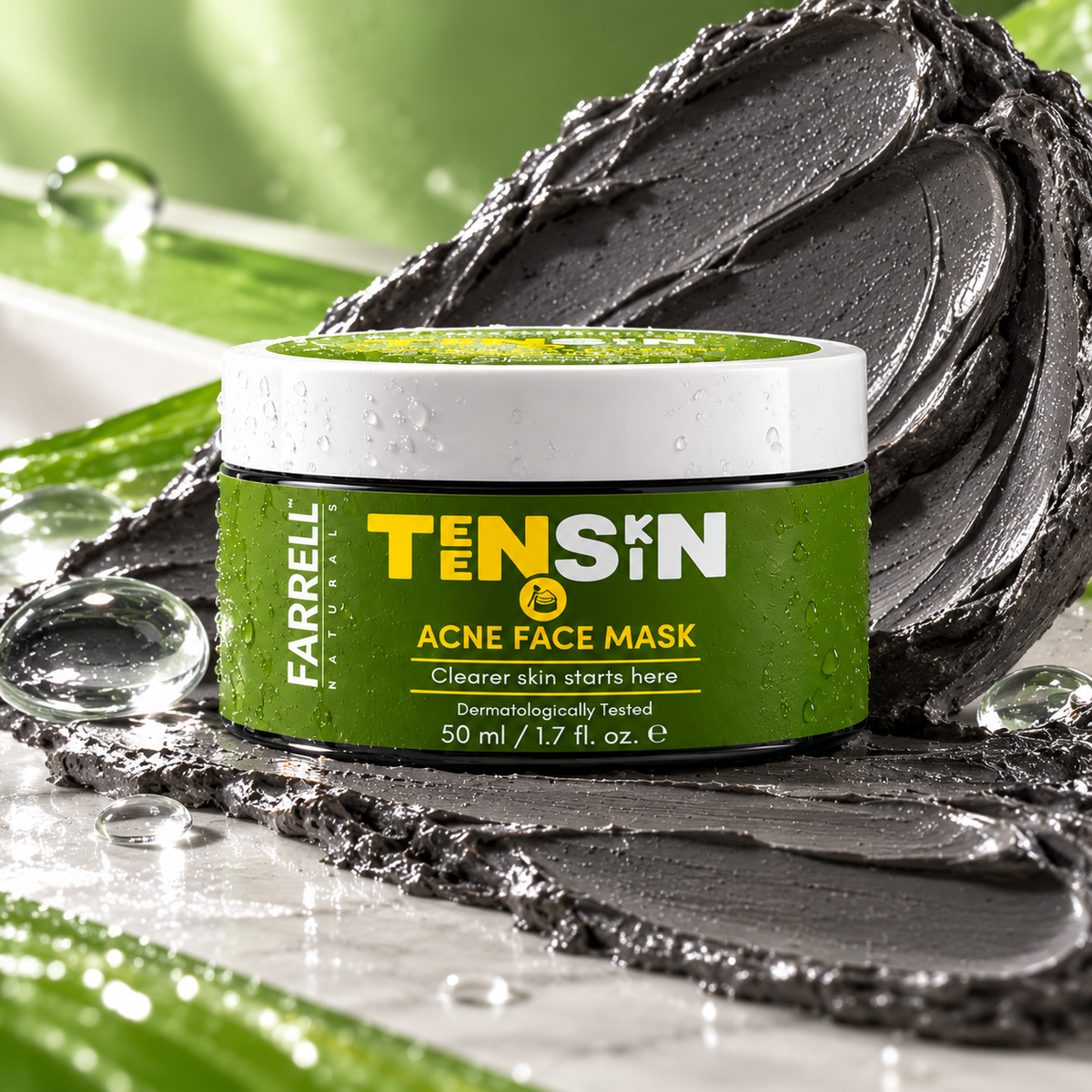 Farrell Naturals Acne Face Mask jar surrounded by dark charcoal mask texture and fresh green accents.