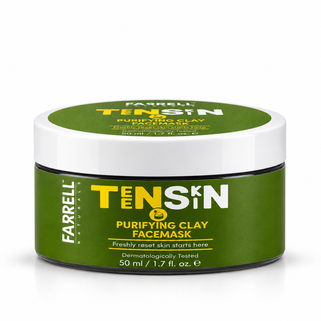 Farrell Naturals TEENSKIN Purifying Clay Face Mask 50 ml green jar with white lid on a white background.