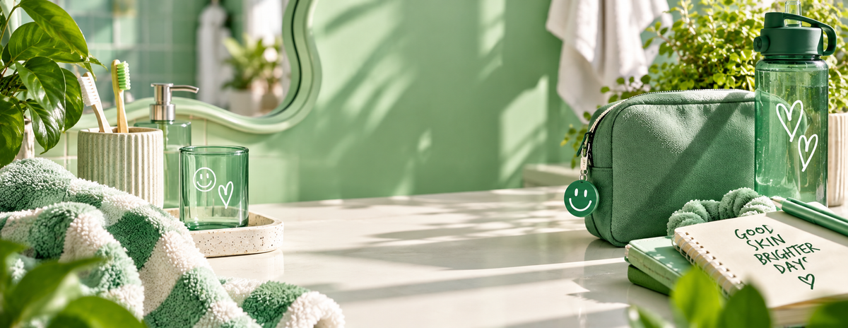 Teen skincare vanity with green toiletry bag, toothbrushes, mirror, towels and everyday accessories, representing the Farrell Naturals five-step skincare routine.