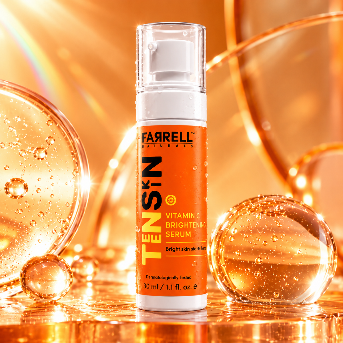 Farrell Naturals Vitamin C Brightening Serum bottle surrounded by golden orange serum droplets and warm reflections.