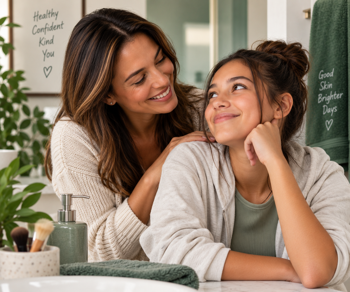 Mother and teenage daughter smiling at each other during a relaxed skincare moment at home.