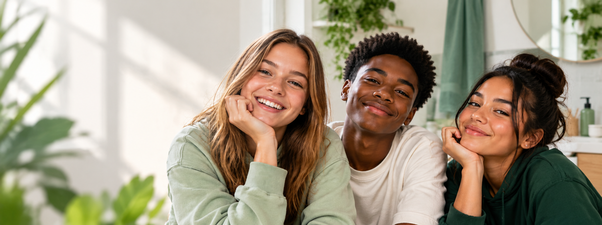 Three smiling teenagers with different skin tones sitting together in a bright, relaxed setting, representing Farrell Naturals teen skincare.