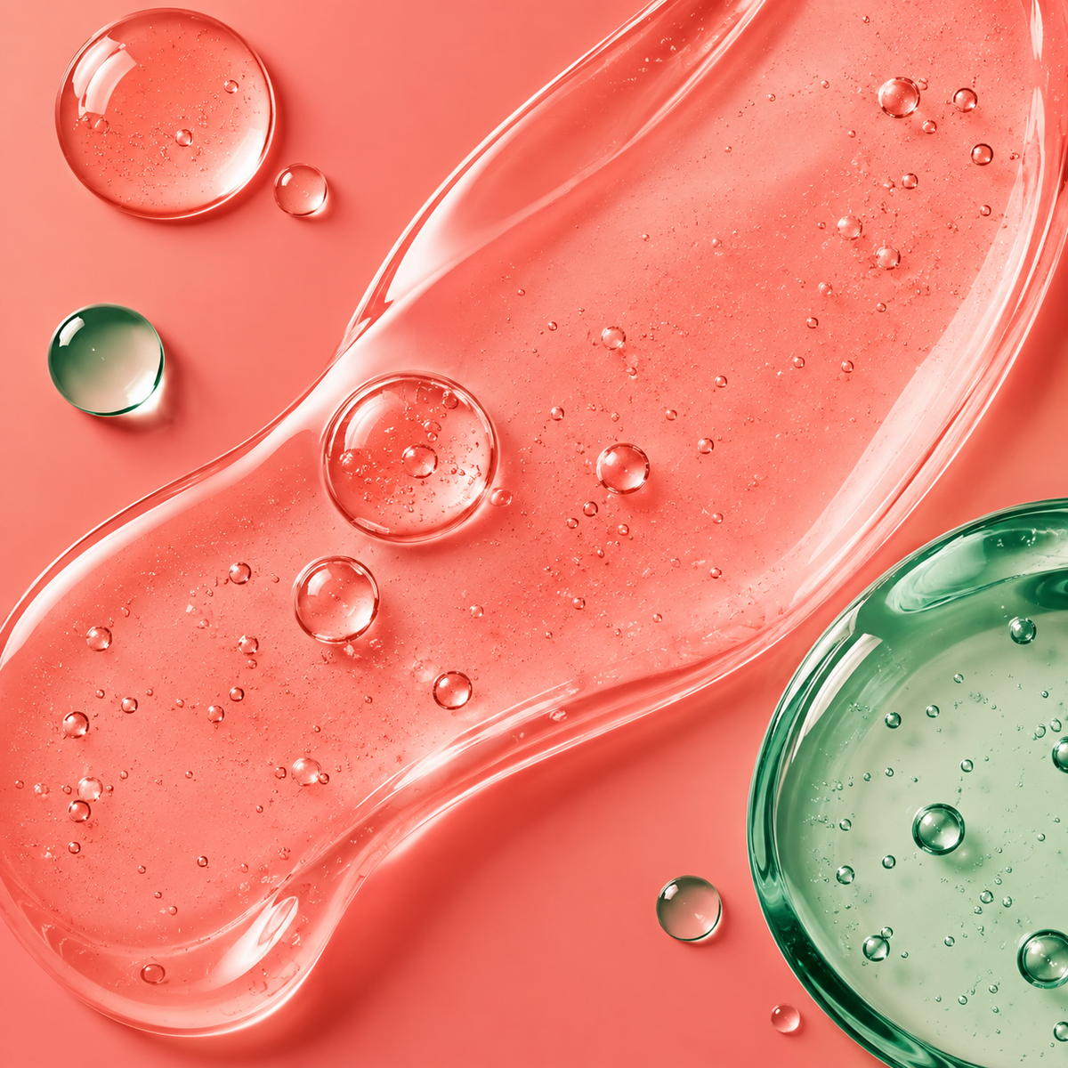 Coral and green skincare gel textures with water droplets representing breakout-prone teen skin.