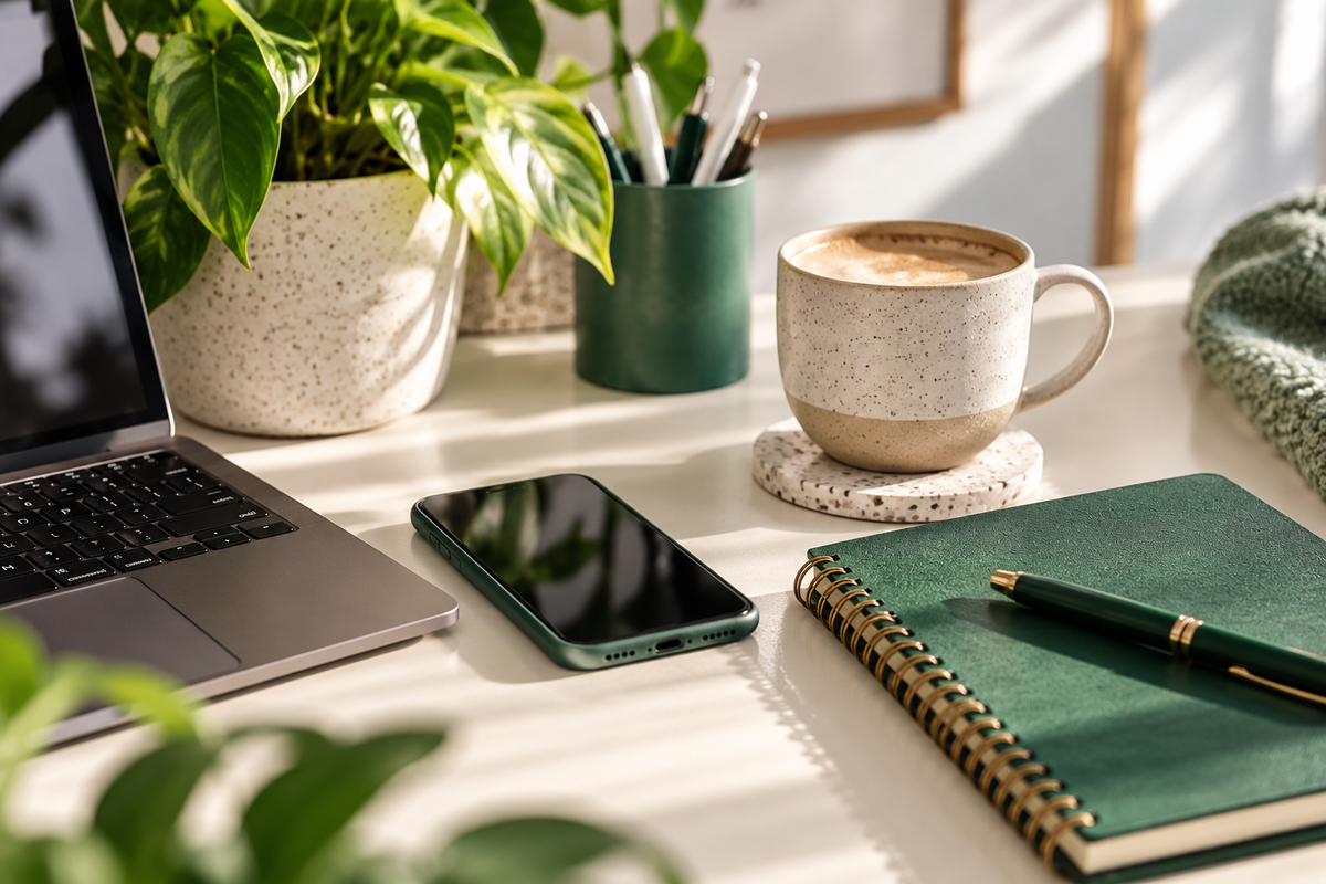 Bright customer support desk with a smartphone, laptop, notebook, coffee mug and green stationery, representing Farrell Naturals customer assistance.