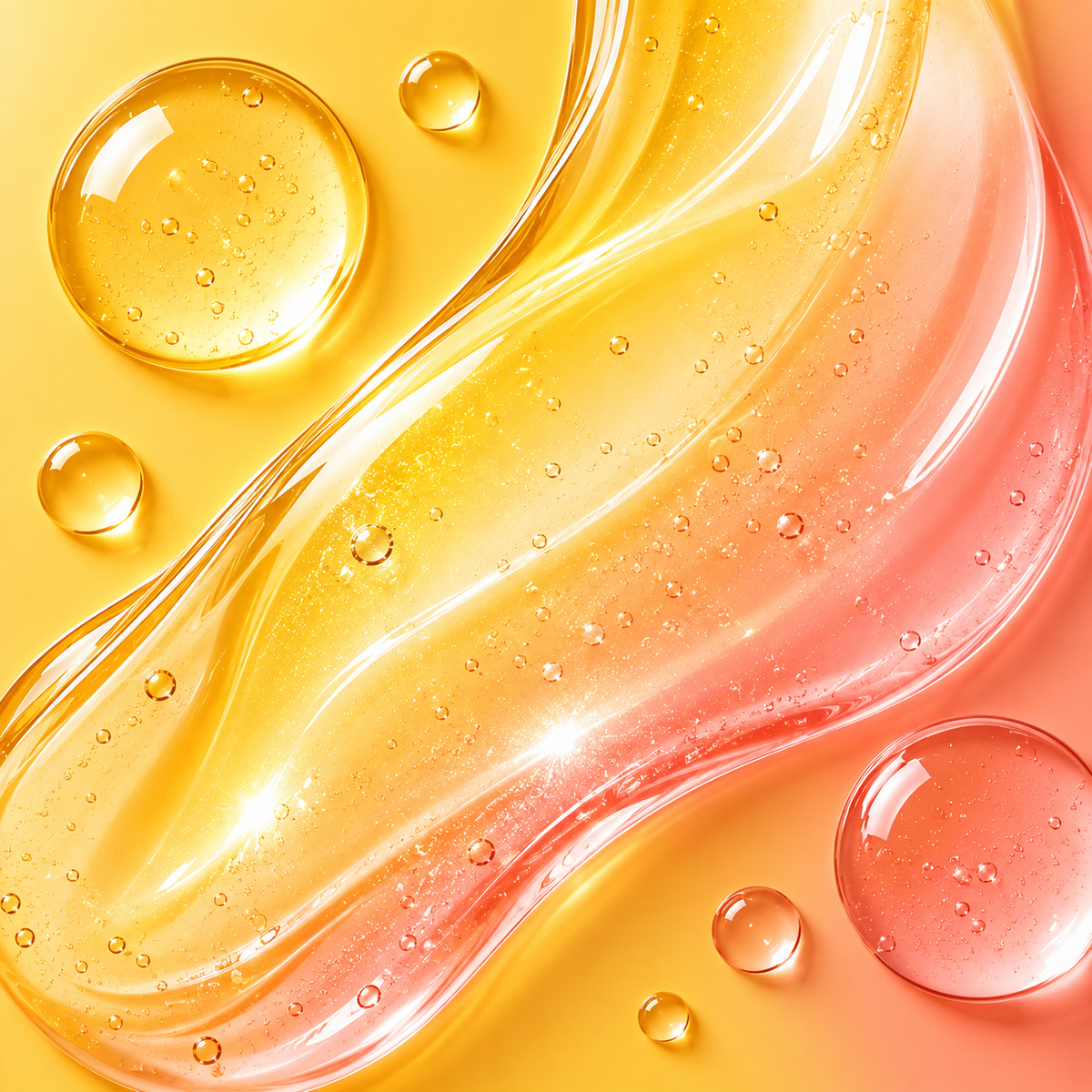Golden-yellow and coral skincare serum textures representing dull and uneven-looking teen skin.