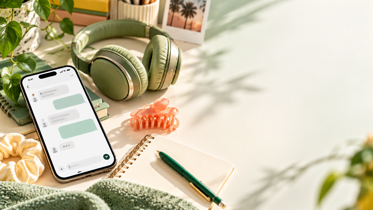 Teen study desk with a smartphone displaying a messaging conversation, sage-green headphones, notebook, green pen and coral hair clip, representing Farrell Naturals customer support.