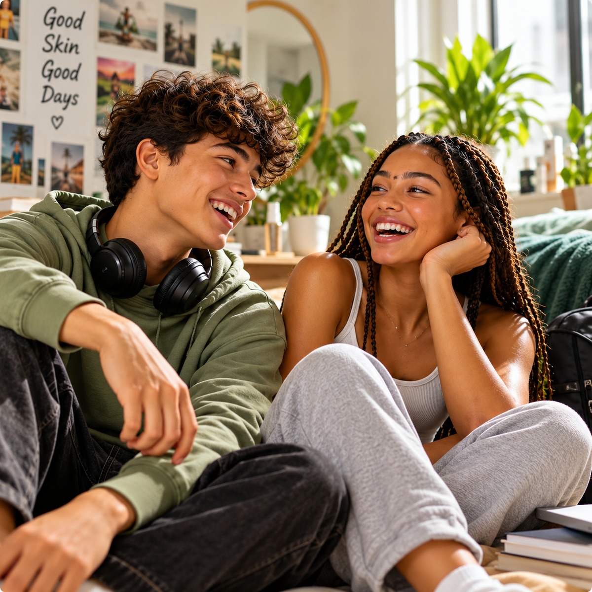 Two smiling teenagers chatting in a bedroom, illustrating Farrell Naturals' simple approach to teen skincare.