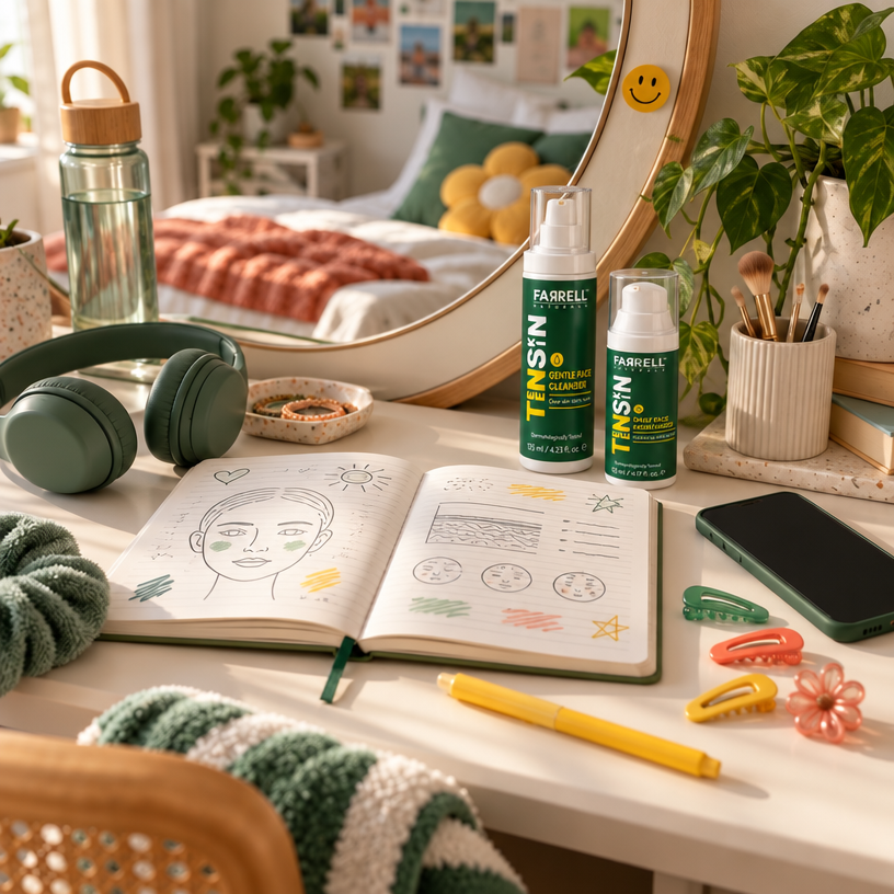 Teen skincare study desk with notebook, mirror, headphones and Farrell Naturals TeenSkin products, introducing teen skincare basics.