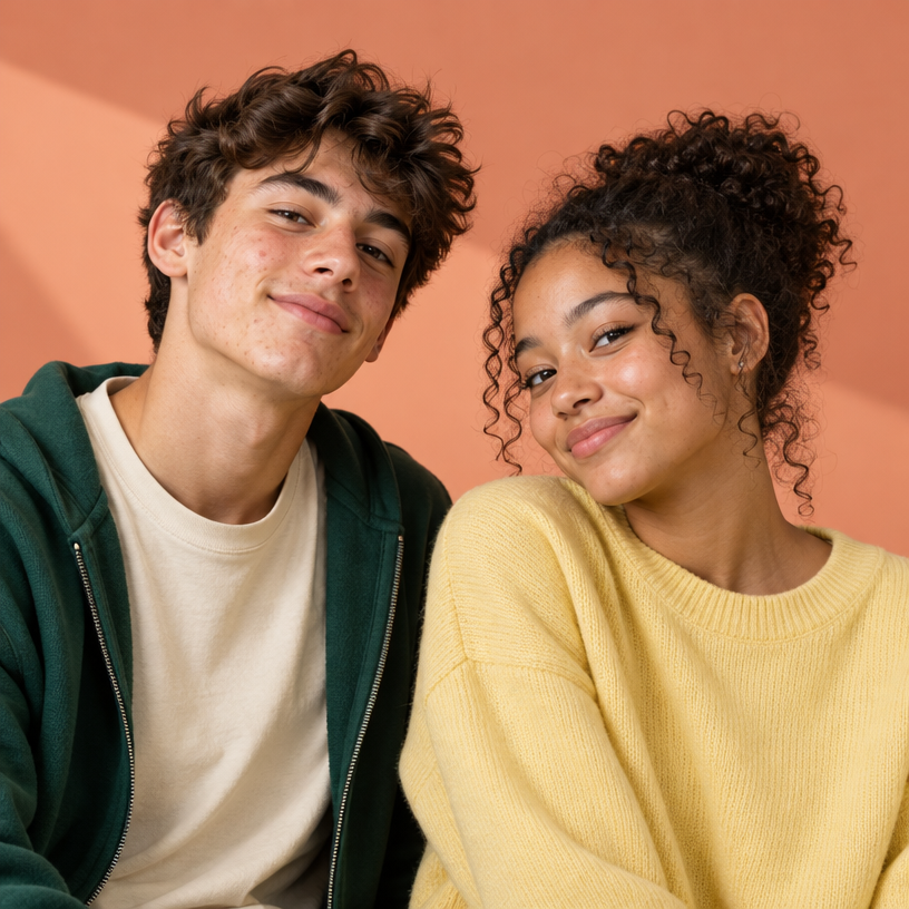 Two teenagers smiling together against a soft coral background, representing different teen skin types and concerns.