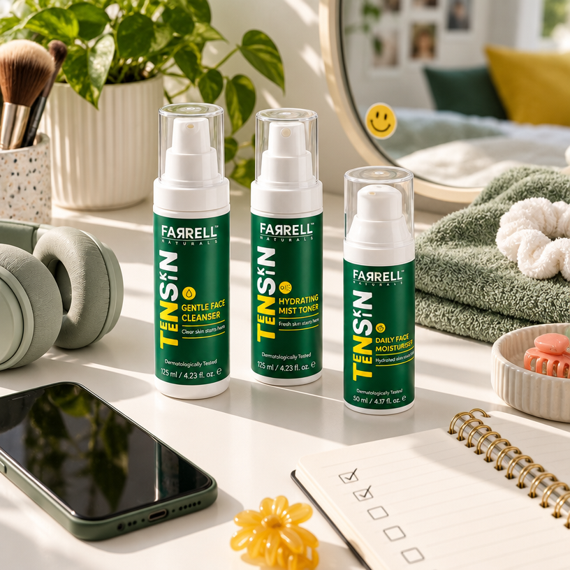 Farrell Naturals TeenSkin cleanser, toner and moisturiser arranged on a teen vanity alongside headphones, towels and skincare accessories.