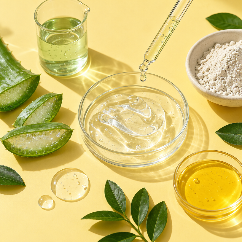 Skincare ingredients including aloe vera, clear gel, botanical extracts and powders arranged on a sunny yellow background.