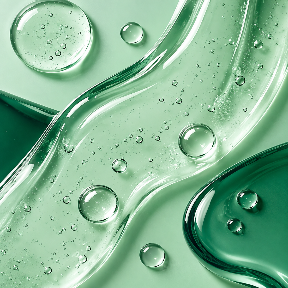 Glossy green skincare gel with bubbles representing oily and congested teen skin.