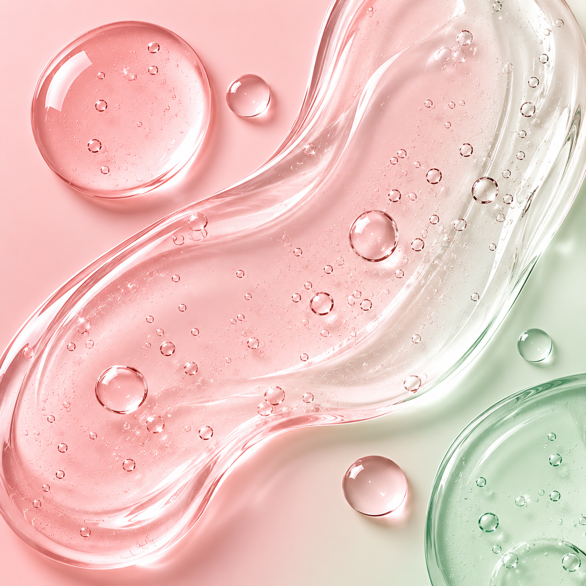 Soft pink and pale green skincare gel textures representing sensitive teen skin.
