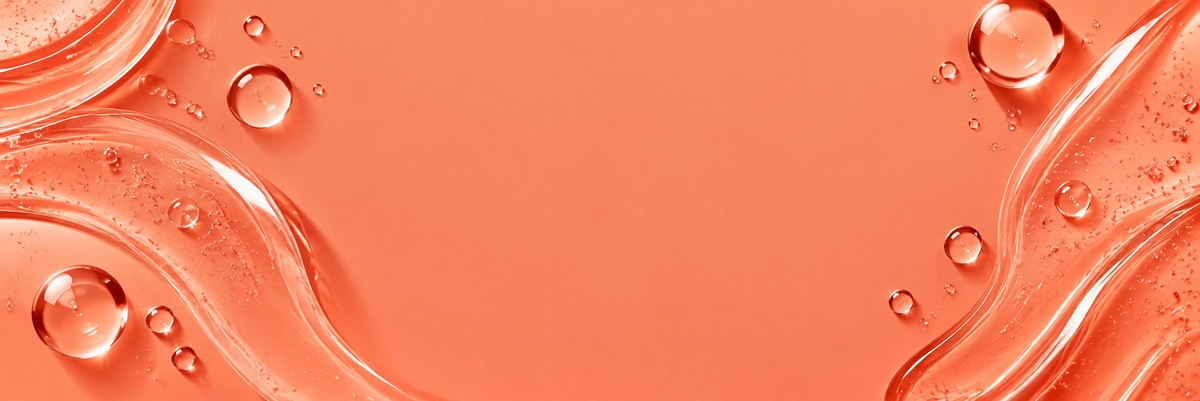 Glossy coral-coloured skincare gel with flowing textures and clear droplets, used as the background for Farrell Naturals teen skin concern guides.