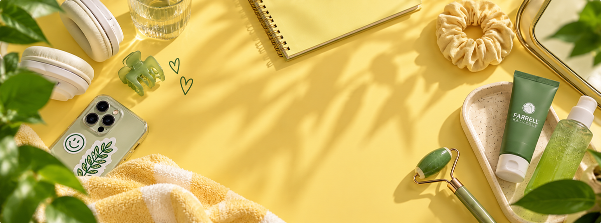 Yellow teen lifestyle flat lay with smartphone, headphones, notebook, hair accessories, towel and facial roller.